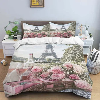 Romantic Pink Cityscape Pattern Comforter patalynės komplektas,Antklodės užvalkalo lovos komplektas Antklodės užvalkalas Pagalvės užvalkalas,King Queen dydžio patalynės komplektas