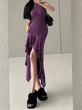 WOMENGAGA Sexy Storas plonas apvalus kaklas Be rankovių raukinys Aukštos split vidutinio ilgio suknelė Karštos seksualios korėjietiškos suknelės Saldžios 2023 P8AH