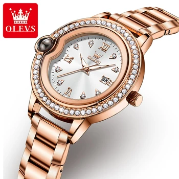 OLEVS kvarcinis laikrodis moterims Prabangus elegantiškas deimantinis rankinis laikrodis Nerūdijančio plieno vandeniui atsparių apyrankių laikrodžių rinkinys Gift 2024 Trend