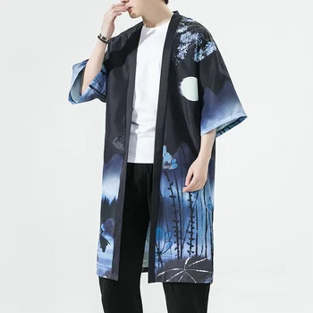 Vyriškas lengvas Kimono chalatas Švarkas Margintas japoniško stiliaus chalatai Casual Open Front Long Cardigan Coat Outwear