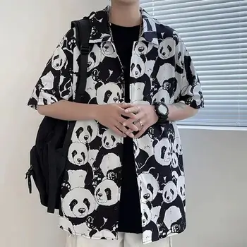 Lengvas vasarinis švarkas Vyriški vasaros pandų marginti marškiniai Casual Loose Fit Gatvės apranga Mados trikotažas trumpomis rankovėmis