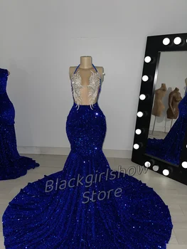 Mėlyna vestuvinė suknelė Seksualios kaklo petnešos Krištolinė aplikacija Tiulis Permatomas tuščiaviduris dizainas Elegantiškos prom suknelės