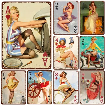 Vintage Poker Metal Skardos ženklai Prisegti merginas Pokerio dekoracija žaidimų kambariui Pagrindinis sodas Viešbutis Kavinė ir baras Sienų dekoras Metalinis plakatas