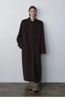Moteriškas paltas 2023 Ruduo ir žiema Nauja kelio ilgio V formos kaklo laisvalaikio vilnos striukė