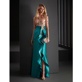 Išskirtinė nefrito satino vakarinė suknelė moterims 2023 Illusion Prom High Split O Neck Half Sleeves Ruffles Formal Party Gown Vestido