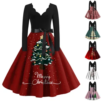Suknelės moterims 2023 Kalėdos Laisvalaikio mada V formos kaklas ilgomis rankovėmis Kalėdų senelis Spausdinti Vintažinės suknelės فساتين للحفلات الراقصة