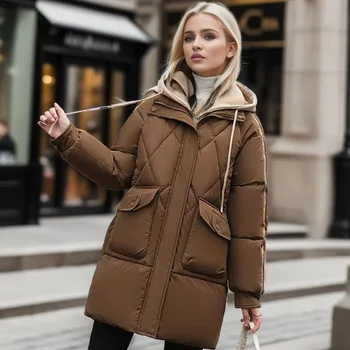 Sutirštinti apatinius paltus Moteriška pūkinė striukė Korėjos moteriška žieminė striukė 2023 m. Plunksniniai paltai su gobtuvu Didelio dydžio pūkinė striukė