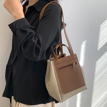 Advanced Women's Vintage Bucket Bag Handbag 2023 Summer Korea Contrast Soft Leather Fashion Casual Comuting Shoulder Bag