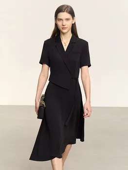 AMII Minimalizmas 2023 Vasara Nauja suknelė moterims Biuro damos trumpomis rankovėmis Suvarstomos vientisos juodos mados suknelės Vestidos 12342311