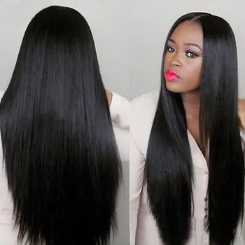 Skaidrus nėrinių priekinis perukas Sintetiniai plaukai Tiesūs Brazilijos natūrali spalva 4X4 nėrinių uždarymas Sintetiniai plaukai WIgs juodaodėms moterims