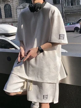 Summer Unisex Asual Suit Vyriški Honkongo stiliaus marškinėliai trumpomis rankovėmis Korėjietiški gatvės drabužiai Laisvalaikio šortai Dviejų dalių komplektas