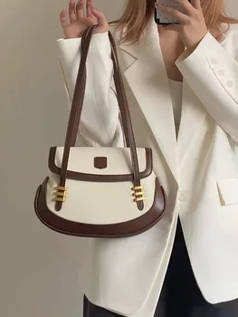 prancūziškas vintažinis naujas minkštas odinis vieno peties pažastų krepšys Moterų mada Universalus rudas rankinės siūlas Dvigubi pečių dirželiai