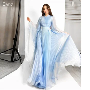 Qanz Sky Blue Ilgos vakarinės suknelės A linija pilnomis rankovėmis Šifonas Modernus plisas O Kaklas Oficiali proga Suknelė Vestido De Fiesta Els