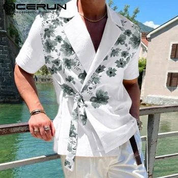 INCERUN Tops 2023 Amerikietiško stiliaus mados vyrai Gėlių raštas Kaklaraiščio dizainas Palaidinė Laisvalaikis Stilingi vyriški marškiniai trumpomis rankovėmis S-5XL