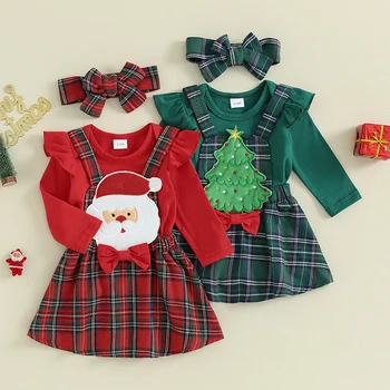 Baby Girl Kalėdinė apranga Vienspalviai romperiai ilgomis rankovėmis Rompers Santa/Tree Patch Plaid Suspender Sijonai Galvos apdangalas 3Pcs Drabužių komplektas