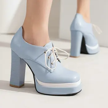2022 Ruduo Pavasaris Naujas dangus Mėlyna platforma Siurbliai Moterims Suvarstomos brandžios mados moterys Blokuokite aukštakulnius Biuro stiletto batai