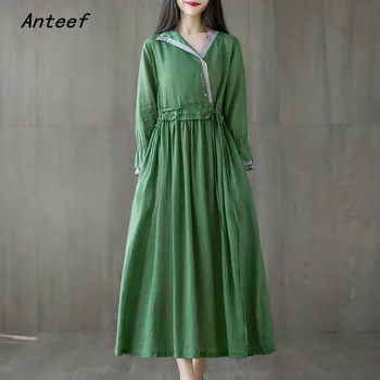 Anteef medvilnės lininės vintažinės suknelės moterims laisvalaikio laisvalaikio laisva pavasario rudens suknelė elegantiški drabužiai 2021