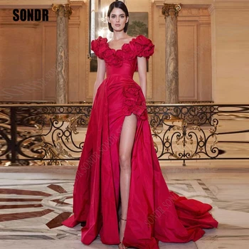 SONDR 2024 A Line Red Taffeta Long Evening Dresses A Line Cape Sleeves V Neck Flowers Arabic Lady Prom Gowns Formal Party