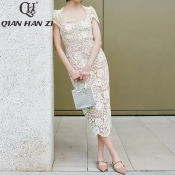 QHZ Dizaineris Mada Vintažinis nėriniuotas bodycon Suknelė Moterys trumpomis rankovėmis gėlė Tuščiaviduris prabangus deimantas Elegantiška plona midi Vakarėlio suknelė