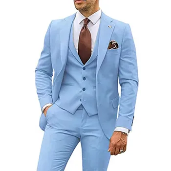 Lansboter Sky Blue vyriškas kostiumas 3 dalių rinkinys plonas įpjautas atlapas verslo laisvalaikio vestuvių vakarėlio jaunikis smokingas Blazer liemenė su kelnėmis