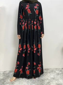 Vintažinis ilgomis rankovėmis gėlėmis marginta musulmonų ilga suknelė 