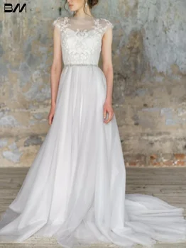 Kukli valties kaklo vestuvinė suknelė Romantiškas A linijos nuotakos chalatas Modernus klasikinis Grindų ilgio nuotakos suknelės Vestidos De Novia