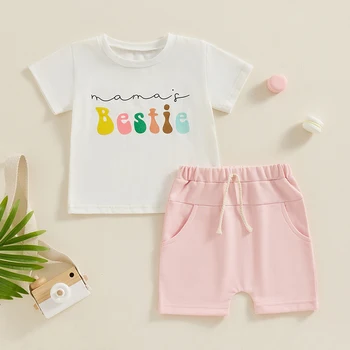 Vasariniai drabužiai mažyliams mergaitėms Mamas Bestie marškinėlių šortų komplektai kūdikiams 3 6 12 18 24 mėnesiai 2T 3T 4T drabužiai