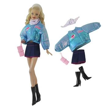 1Set Doll Changing Winter Blue Cotton Jacket Denim Short Skirt Scarf Bat Bag Komplektas