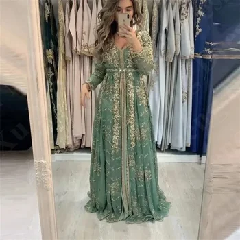 Elegantiška žalia vakarinė suknelė V-kaklas Ilgomis rankovėmis Dubajaus arabų moterų oficialios progos suknelės Aplikacijos Krištolinė A-Line vakarėlio suknelė