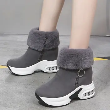 Nauja Žiema Šilta Moterų platforma Sniego batai Kulkšnies batai Priežastiniai batai Užtrauktukas Vidiniai Didėjantys batai Botas Mujer Juoda Pilka