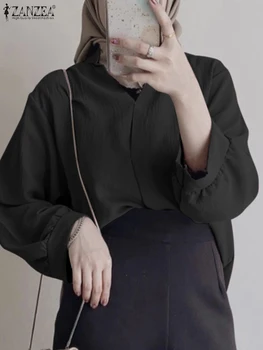 Rudens musulmonų viršūnės moterims Madinga palaidinė ilgomis rankovėmis ZANZEA Elegantiška Abaja Turkijos palaidinės Moteriškos V kaklo kieti marškiniai oversize