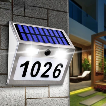 Adresų plokštelės namams su saulės energija, namo numeris lauke, LED adreso ženklasLauke neperšlampami numeriai Šviesus sodo namas