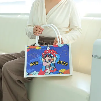 2023 Guo Chao Pattern 33*13*22 1Pcs/Lot Didelės talpos retro nešiojamas drobinis krepšys Ladies Commuter Tote rankinė gali būti pritaikyta