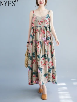 NYFS 2023 m. vasara Naujoji Korėja Moters suknelė Vestidos chalatas Elbise Laisvas plius dydžio gėlės Spausdinti petnešos Ilga suknelė