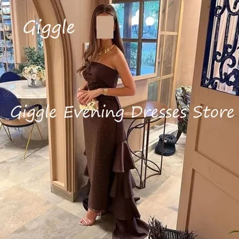 Giggle Satin Mermaid Strapless Ruffle Arab Formal Elegant Prom Gown Saudo Arabijos vakarėlio suknelės moterims 2023