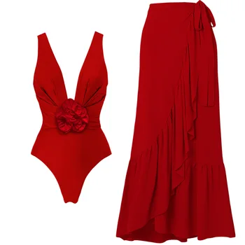Retro Trimatis gėlių bikinis Mada Vientisas maudymosi kostiumėlis ir uždengiamas sijonas Moteriškas tvarstis Vasaros paplūdimys Prabangus elegantiškas