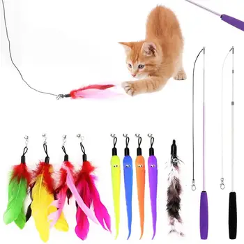 Ištraukiamas katės plunksnų žaislų rinkinys Ištraukiami katės lazdelės žaislai ir pakaitinis anonsas su varpelio papildymais Katės žaislas kambariniams kačių žaislams