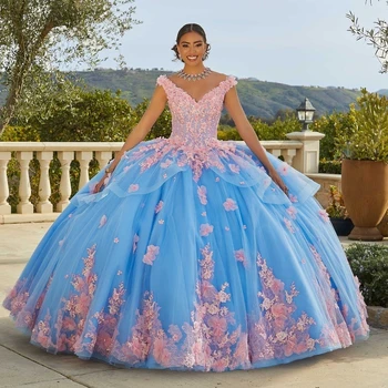 Sky Blue V-Neck Ball Gown Quinceanera Dresses Beaded Celebrity Party Gowns Applique Flower Graduation Vestido De 15 Anos Robe De