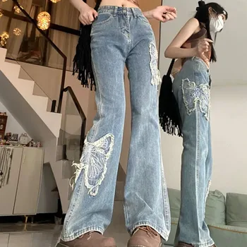 Fashion Jeans Women Butterfly Slim Flare Denim Pants Chic Elegant Casual Lady Pants Harajuku Streetwear Kelnės