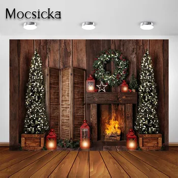 Mocsicka Kalėdų eglutės židinio fonas Vintage Brown Wood sienų fotografijos fonas Photocall fotostudijai