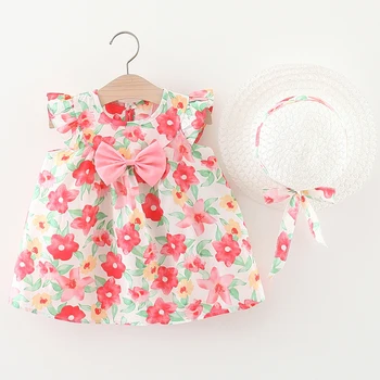 2Piece Vasaros apranga Drabužių kūdikiams komplektas Korėjos mados lankas Gėlės be rankovių Princesė Suknelė Mažyliai Mergaitės Suknelės+Sunhat BC341