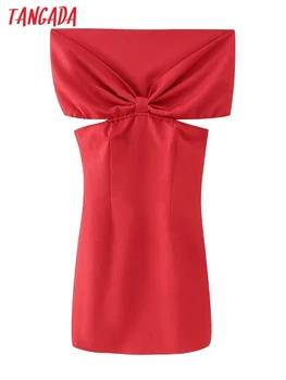Tangada Fashion Women Red Off Shoulder Dress Backless Bow Sexy Famle Party Suknelės BE353