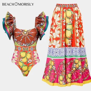 2024 Nauja retro gėlių citrina atspausdinta rauktas vieno gabalo rinkinys Maudymosi kostiumėlis ir sijonas Vasaros atostogos Moterys Paplūdimio drabužiai Maudymosi kostiumas