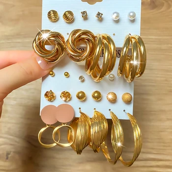FNIO Fashion Metal Drop auskarų rinkinys moterims Aukso spalvos susukimas Apvalūs auskarai Neįprasti auskarai Madingi papuošalai