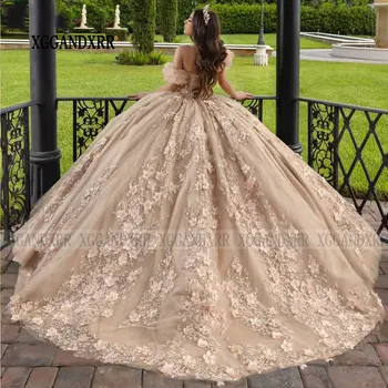 Šampanas nuimamos rankovės krištolo karoliukų rutuliukas chalatas Quinceanera suknelės 3D gėlės aplikacijos nėrinių korsetas Vestidos De 15 Años