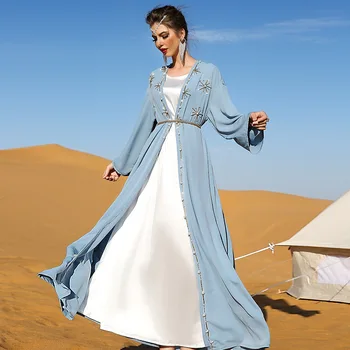 Dubai Open Abaya musulmoniški karoliukai Cardigan Maxi suknelė Turkija Islamas Kimono Ramadanas Eid Femme Caftan Jalabiya Kaftan Arabiškas chalatas Drabužiai