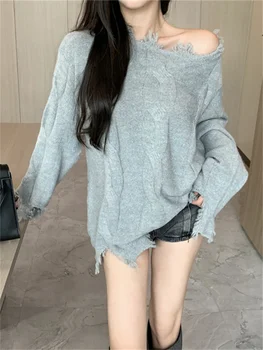 Alien Kitty Autumn Gentle Sweaters OL Women Hole Off Shoulder Chic 2023 Loose Daily New Casual Knitted Slim Daily Office Lady