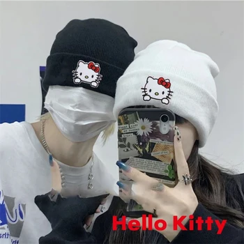Sanrioed Hello kitty Cartoon Kawaii Japoniško stiliaus rudens ir žiemos pora Originalus rankinis mezgimo vilnos dangtelis Geriausia draugo skrybėlė