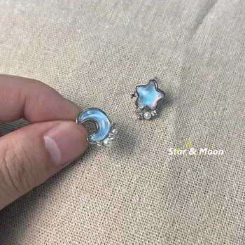 YOUNGX Y2K Vintage Blue Star Mėnulio auskarai Retro Light Prabangūs perlų žavesio auskarai moterims Papuošalų vakarėlio dovana