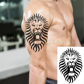 Neperšlampamas laikinas tatuiruotės lipdukas Riaumojantis liūtas Juodas netikras Tatto blykstė Tatoo nugaros kojos didelio dydžio menas moterims vyrams